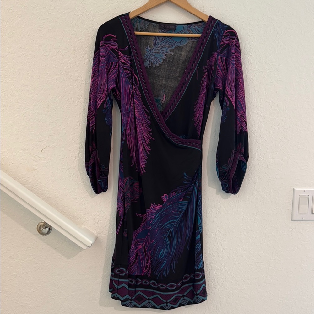 Hale Bob Purple and Black Ruched Wrap Dress size L